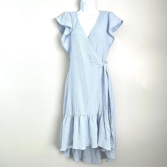 DREW baby blue gauze high low wrap dress with ruffle sleeve - Picture 1 of 9